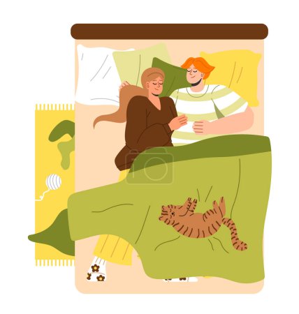 Illustration for Couple sleeping with cat concept. Top view of young guy and girl under blanket. Rest, dream and recuperation. Love and good relations in family. Comfort and coziness. Cartoon flat vector illustration - Royalty Free Image