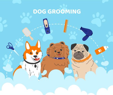 Illustration for Dog grooming advertising poster concept. Puppies of different breeds near combs for pets. Health care for domestic animals. Aesthetics and elegance. Cartoon flat vector illustration - Royalty Free Image
