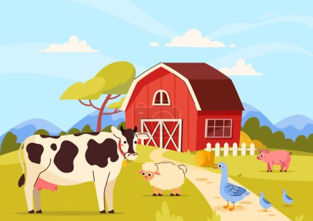 Illustration for Farm with domestic animals concept. Cow, sheep, pig and geese in front of barn. Farming and agriculture, livestock and cattle. Beautiful rural landscape. Cartoon flat vector illustration - Royalty Free Image