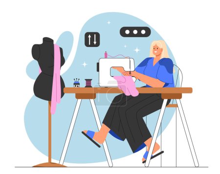 Illustration for Fashion designer with sewing machine concept. Seamstress and tailor at workplace. Studio with equipment for clothes production. Mannequin with pink dress. Cartoon flat vector illustration - Royalty Free Image