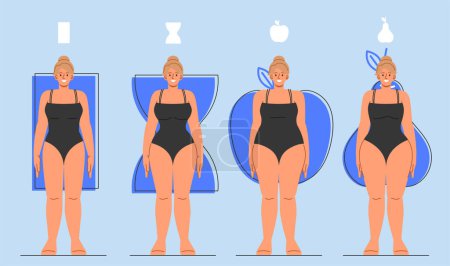 Illustration for Set of different female body types. Young girls near geometric figures. Medical educational materials and infographics. Cartoon flat vector collection isolated on blue background - Royalty Free Image