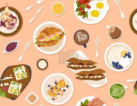Illustration for Seamless pattern with morning food. Repeating design element for printing on fabric. Milk porridge with hands. Buns and toasts with eggs. Traditional breakfast. Cartoon flat vector illustration - Royalty Free Image