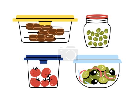 Illustration for Canned meat and vegetables doodle concept. Salad with tomato and cucumber. Natural and organic products. Poster or banner for website. Cartoon flat vector illustration isolated on white background - Royalty Free Image