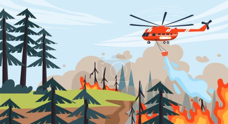 Illustration for Helicopter extinguishes forest fire concept. Air vehicle drops water from bucket onto burning trees. Catastrophe and cataclysm, danger and emergency. Cartoon flat vector illustration - Royalty Free Image