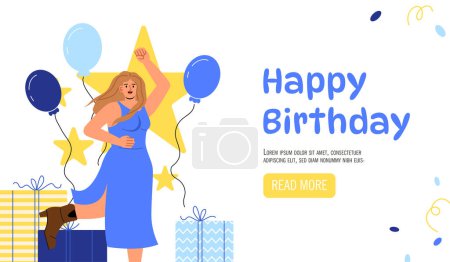 Illustration for Happy birthday poster template concept. Traditional holiday and festival. Woman with air balloons. Advertising and marketing. Discounts and promotions. Cartoon flat vector illustration - Royalty Free Image
