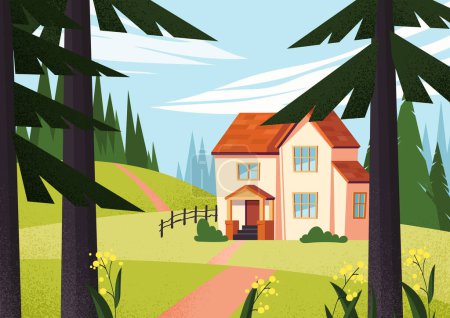 Illustration for Beautiful house in forest concept. Cottage near trees at lawn. Private property and real estate. Hiking and camping. Natural panorama and landscape. Cartoon flat vector illustration - Royalty Free Image