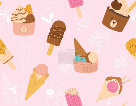 Illustration for Seamless pattern with Ice Cream. Repeating design element for printing on fabric. Frozen chocolate on stick and ice cream in waffle cup or cone. Dessert and delicacy. Cartoon flat vector illustration - Royalty Free Image