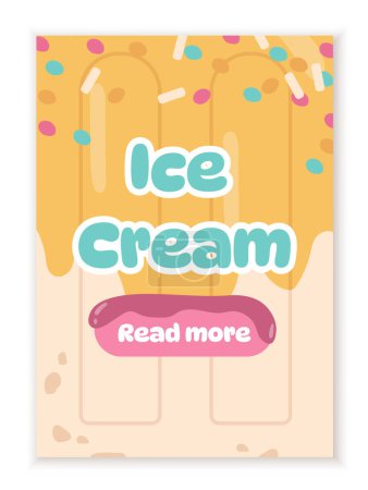 Illustration for Ice cream banner template concept. Frozen food with topping. Dessert and delicacy for summer season and hot weather. Gourmet and yummy eating, candy. Cartoon flat vector illustration - Royalty Free Image