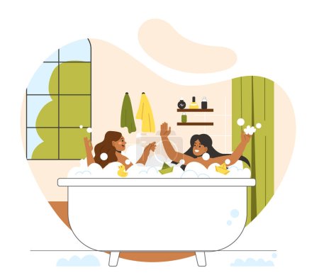 Téléchargez les illustrations : Concept de temps de baignade pour enfants. Petites filles assises dans un bain moussant avec du canard en caoutchouc jaune. Propreté et hygiène, confort et confort. Sœurs dans la salle de bain. Illustration vectorielle plate de bande dessinée - en licence libre de droit