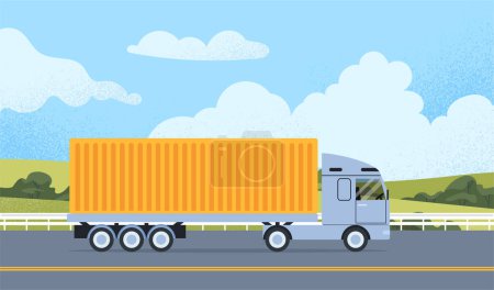 Illustration for Logistic truck on highway concept. Transport with yellow container. Import and export, home delivery and online shopping, transportation. Parcels on way. Cartoon flat vector illustration - Royalty Free Image