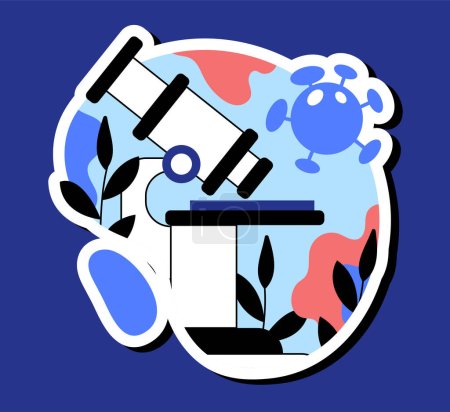 Illustration for Medical sticker with microscope concept. Laboratory equipment for scientific research. Chemistry and biology. Poster or banner for website. Cartoon flat vector illustration isolated on blue background - Royalty Free Image