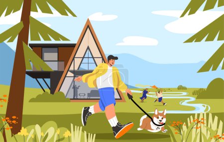Illustration for Modern recreation lounges concept. Man walks with dog on leash in nature against backdrop of cottage. Private property and real estate. House near forest. Cartoon flat vector illustration - Royalty Free Image