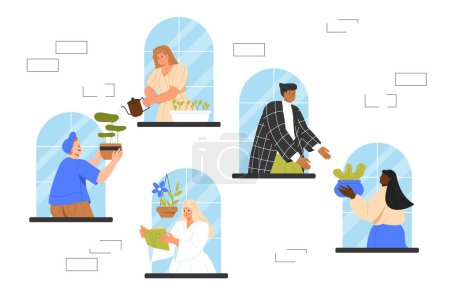 Illustration for Neighborhood at exterior concept. Good relations between young boys and girls. Men and women in different windows. Comfort and coziness in home. Cartoon flat vector illustration - Royalty Free Image