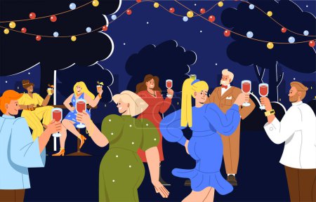 Téléchargez les illustrations : Les gens la nuit concept de fête en plein air. Des hommes et des femmes dansent avec des cocktails à la main. Personnages tenant des verres avec des boissons alcoolisées. Événement en boîte de nuit. Illustration vectorielle plate de bande dessinée - en licence libre de droit