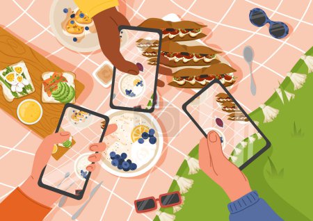 Illustration for Party dinner outdoor picnic concept. Characters take pictures of egg sandwiches on smartphones. Milk porridge with fruits and berries. Pancakes with blueberries. Cartoon flat vector illustration - Royalty Free Image