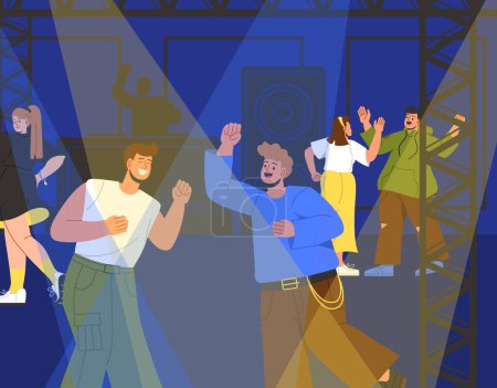 Illustration for People dancing at night club concept. Disco and event. Man and woman dancing and relaxing. Active night leisure and rest. Young guys and girls having fun together. Cartoon flat vector illustration - Royalty Free Image