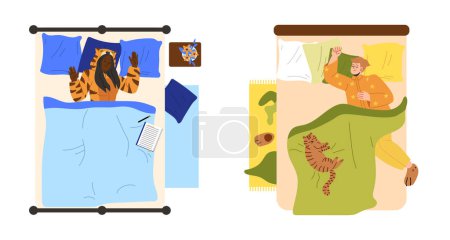 Illustration for Top view at sleeping people set. Man and woman in pajamas lie on bed under blanket. Comfort and coziness. Rest, relax and dream. Cartoon flat vector collection isolated on white background - Royalty Free Image