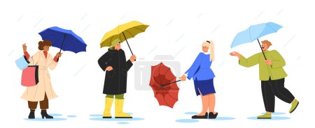 Illustration for Set of people with umbrellas. Men and women under rain. Autumn and fall season. Characters hide from wet and cold weather. Cartoon flat vector collection isolated on white background - Royalty Free Image