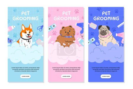 Illustration for Set of pets grooming posters. Advertising and marketing. Aesthetics and elegance. Puppies of different breeds near combs and hair dryers. Cartoon flat vector collection isolated on white background - Royalty Free Image