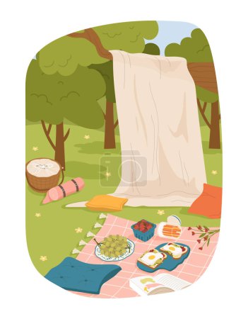 Illustration for Outdoor summer picnic scene concept. Strawberries and grapes on plates. Basket with food and blanket on tree branch. Cartoon flat vector illustration isolated on white background - Royalty Free Image