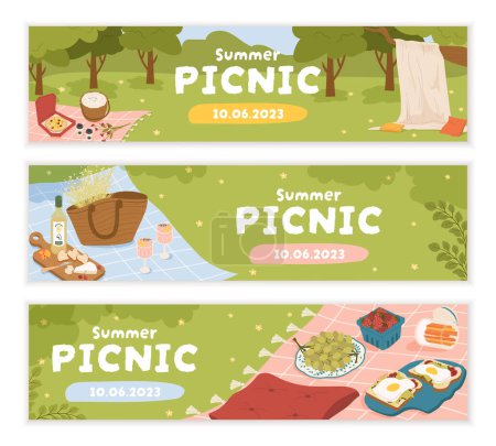 Set of picnic templates. Blankets with basket of food, flowers and grass. Summer and spring holidays outdoor. Poster or banner for website. Cartoon flat vector collection isolated on white background