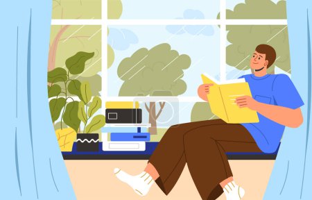 Illustration for Man reading near window concept. Young guy sits with book and looks at backyard. Useful hobby and love of literature. Education, learning and training. Cartoon flat vector illustration - Royalty Free Image