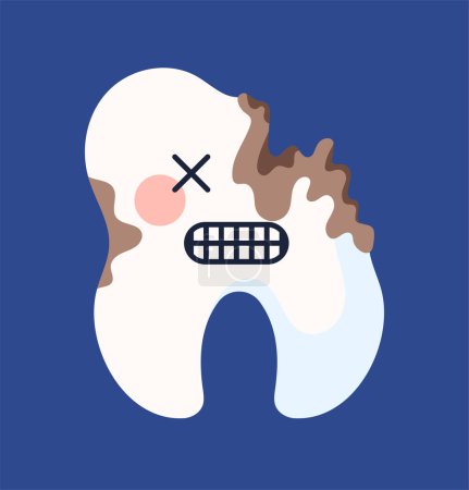 Illustration for Teeth with caries sticker concept. Oral cleanliness and hygiene. Health care and treatment. Educational material for kids. Cartoon flat vector illustration isolated on blue background - Royalty Free Image