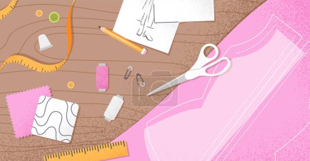 Illustration for Top view at tailoring items concept. Cloth, pencil, rags, scissors and tape measure on table. Seamstress and atelier inventory, equipment for workshop. Cartoon flat vector illustration - Royalty Free Image