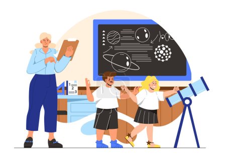 Illustration for Teacher with students concept. Woman with small boy and girl in front of telescope. Education, learning and training. Astronomy and astrology, physics. Cartoon flat vector illustration - Royalty Free Image