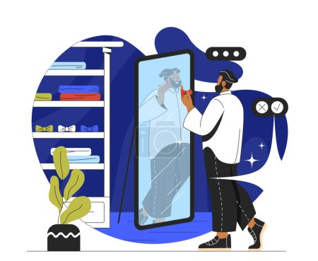 Illustration for Man in suit near mirror concept. Young guy in wardrobe. Fashion, trend and style. Self acceptance and love. Furnishing and decoration in living room. Cartoon flat vector illustration - Royalty Free Image