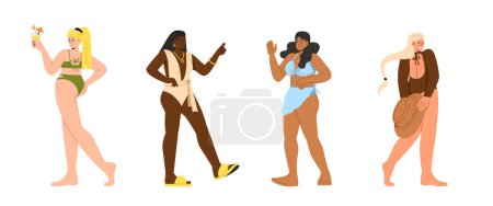 Illustration for Women in various swimsuits set. Young girls in beachwear for summer season. Fashion, trend and style. Clothes for hot weather. Cartoon flat vector collection isolated on white background - Royalty Free Image