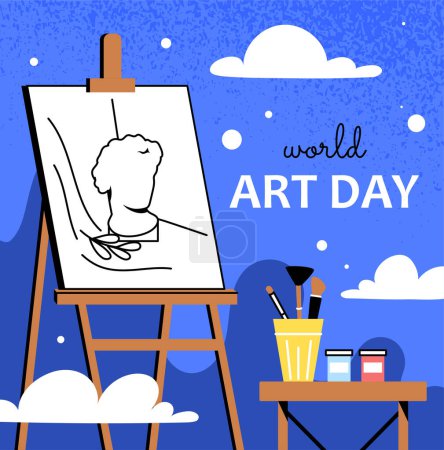 Illustration for World art day sticker concept. International holiday and festival. Sketch on canvas. Cup with brushes and paintings. Creativity and art. Cartoon flat vector illustration isolated on blue background - Royalty Free Image