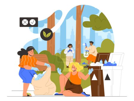 Illustration for Children cleaning park concept. Men and women pick up trash from ground. Caring for nature and environment. Activists and volunteers in public park. Cartoon flat vector illustration - Royalty Free Image