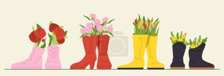 Illustration for Flowers in wellies set. Colorful shoes and boots with bouquets. Bloom and blossom plants. Spring and summer season. Cartoon flat vector collection isolated on yellow background - Royalty Free Image