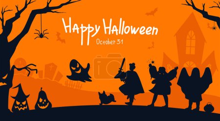 Illustration for Happy halloween silhouette concept. Ghosts, spider and pumpkins on background of old scary castle. International holiday and festival of fear and horror. Cartoon flat vector illustration - Royalty Free Image