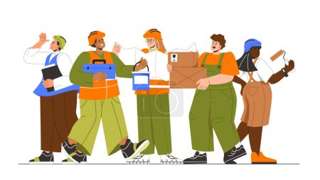 Illustration for People construction team concept. Men and women in uniform with boxes and protective helmets. Construction and engineering. Cartoon flat vector illustration isolated on white background - Royalty Free Image