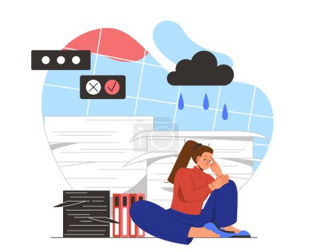 Illustration for Professional burnout concept. Young girl sitting under cloud with rain. Fatigue and desperate. Emotional stress and burnout. Mental health and psychology. Cartoon flat vector illustration - Royalty Free Image