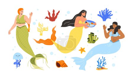 Illustration for Set of mermaids concept. Women with colorful fish fins. Fairy tale, imagination and fantasy, fictional characters. Reefs and corals. Cartoon flat vector collection isolated on white background - Royalty Free Image
