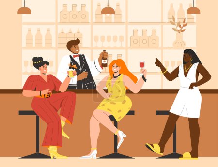 Téléchargez les illustrations : Des gens assis au bar concept de comptoir. Des femmes avec des cocktails au café ou au restaurant près du barman. Jeunes filles avec des boissons alcoolisées et des boissons. Illustration vectorielle plate de bande dessinée - en licence libre de droit