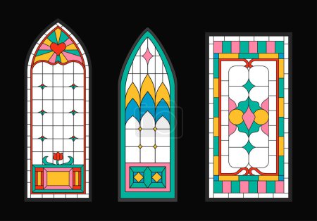 Illustration for Stained glass windows set. Traditional ornaments. Religion and faith, church. Colorful patterns. Template, layout and mock up. Cartoon flat vector collection isolated on black background - Royalty Free Image