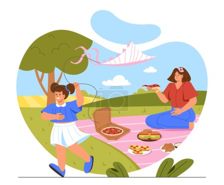 Illustration for Summer holidays kid with mom concept. Mother with son outdoor. Woman with food sits on blanket, child with kite runs. Leisure on nature with pizza and burgers. Cartoon flat vector illustration - Royalty Free Image