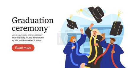 Illustration for University graduation template concept. Education, learning and training. Students in graduation caps and gowns. Young specialists. Landing page design. Cartoon flat vector illustration - Royalty Free Image