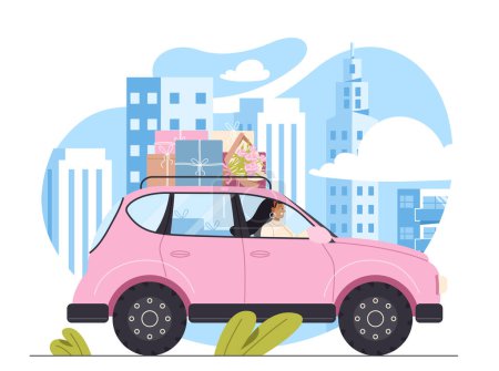 Illustration for Woman driving car with gifts concept. Young girl with pink transport or automobile. New Years and Christmas. Character carrying presents, colorful boxes. Cartoon flat vector illustration - Royalty Free Image