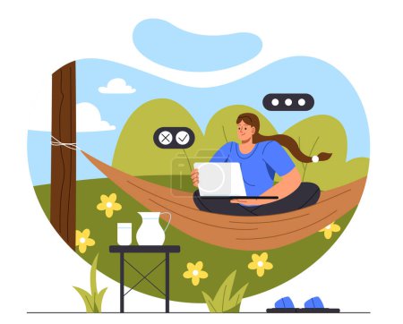 Illustration for Woman freelancer with laptop concept. Young girl with computer and hammock outdoor. Remote employee earns on Internet. Comfortable workplace at nature. Cartoon flat vector illustration - Royalty Free Image