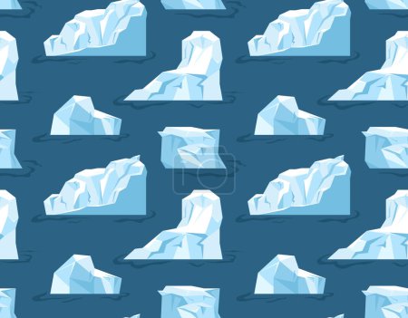 Illustration for Arctic ice seamless pattern concept. Repeating design element for printing on fabric. Ice floes in water, icebergs. Arctic Ocean and Antarctica. Cartoon flat vector illustration - Royalty Free Image