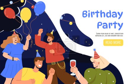 Illustration for Birthday party banner concept. Men and women in hats with glasses with drinks. Holiday and festival, event. Friends with colorful air balloons and confetti. Cartoon flat vector illustration - Royalty Free Image