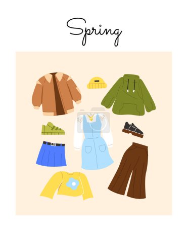 Illustration for Children spring outfits set. Wear and apparel for sunny days. Blue dress, green hoodie and brown jacket with pants. Cartoon flat vector collection isolated on beige background - Royalty Free Image