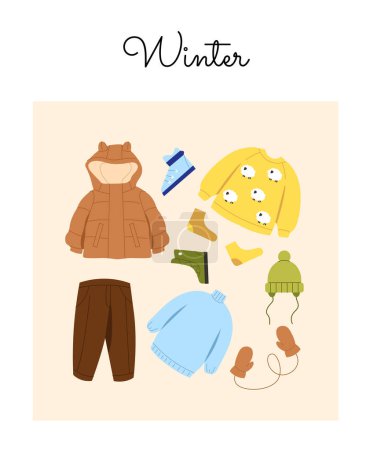 Illustration for Children winter outfits set. Wear and apparel for cold weather and snow season. Yellow and blue sweaters, knitted socks and hats. Cartoon flat vector collection isolated on beige background - Royalty Free Image