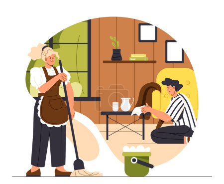 Illustration for People cleaning home concept. Man and woman in uniform with broom and basket with soap. Clean and hygene. Routine and household chores. Poster or banner. Cartoon flat vector illustration - Royalty Free Image
