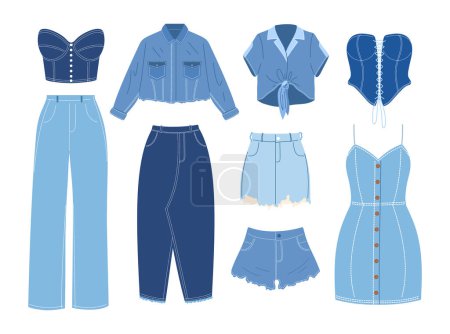 Illustration for Set of denim clothing. Blue jeans and jackets, shorts and tshirts. Fashion, trend and style. Aesthetics and elegance. Cartoon flat vector collection isolated on white background - Royalty Free Image